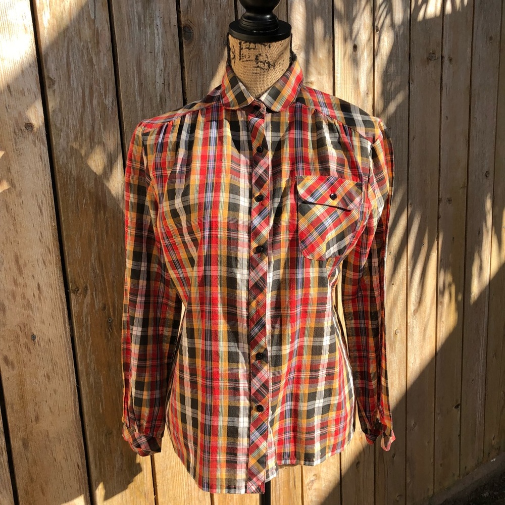 VINTAGE GOLD SHIMMER PLAID BUTTONUP ☀️